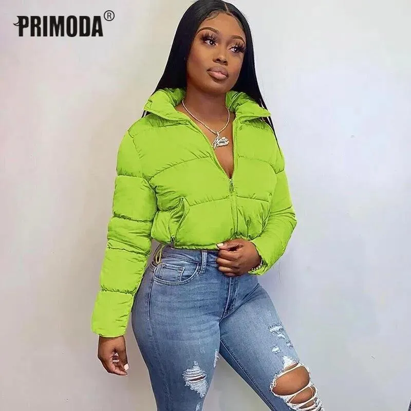 Vestes Femmes veste d'hiver manteau rue néon vert bouffant plein épais canard Parka Mujer poches zippées vers le bas chaud recadrée outwear Pr2927g