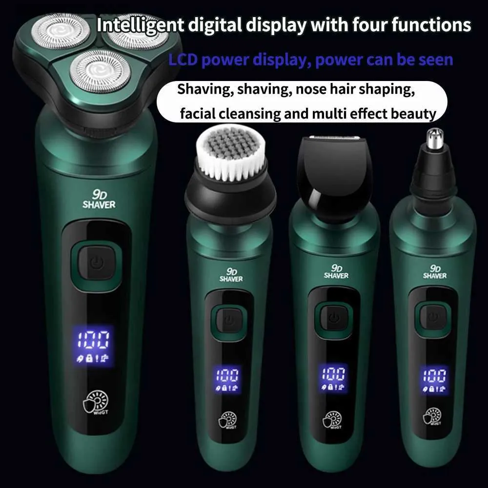 Electric Shavers Green 4In1 Smart Electric Shaver Men's LCD Digital Display Three-head Floating Razor USB Washing Multi-function Fast Beard Knife Q240119