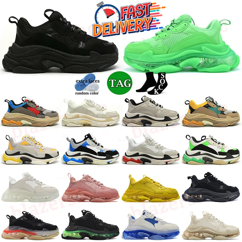 Paris 17FW Luxe Top Quality Brand Tripler Semelle extérieure à 3 couches Clear Sole Triple S Branding en caoutchouc Neon Green Black Mens Designer Casual Chaussures Femmes Old Dad Trainers