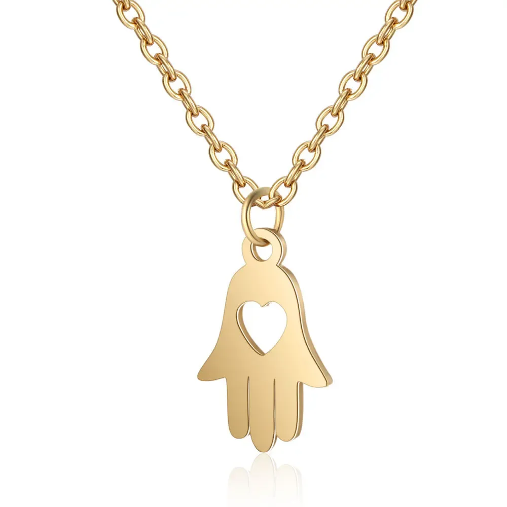 Simpatica piccola mano di Hamsa di Fatima con pendente femminile in oro giallo 14k con collana di palme per regalo di gioielli da donna