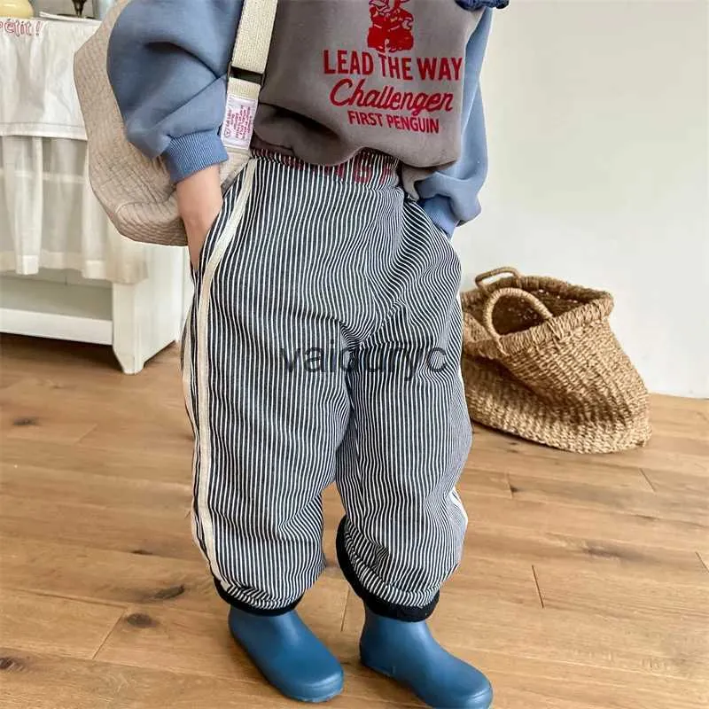 Trousers 2023 Winter New ldren Striped Trousers Plus Velvet Thick Girls Harem Pants Kids Boys Warm Fleece Casual Pants Baby Clothes H240508