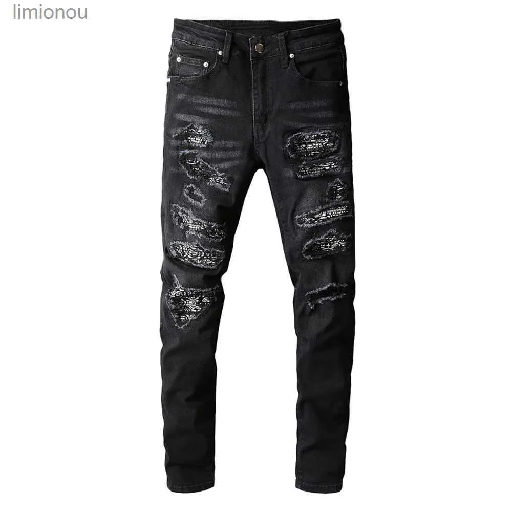 Męskie dżinsy bandanna Paisley wydrukowana patchwork dżinsy streetwear streetwear czarne dżinsowe spodnie ołówka szczupła, chuda rozryte spodnie 240119