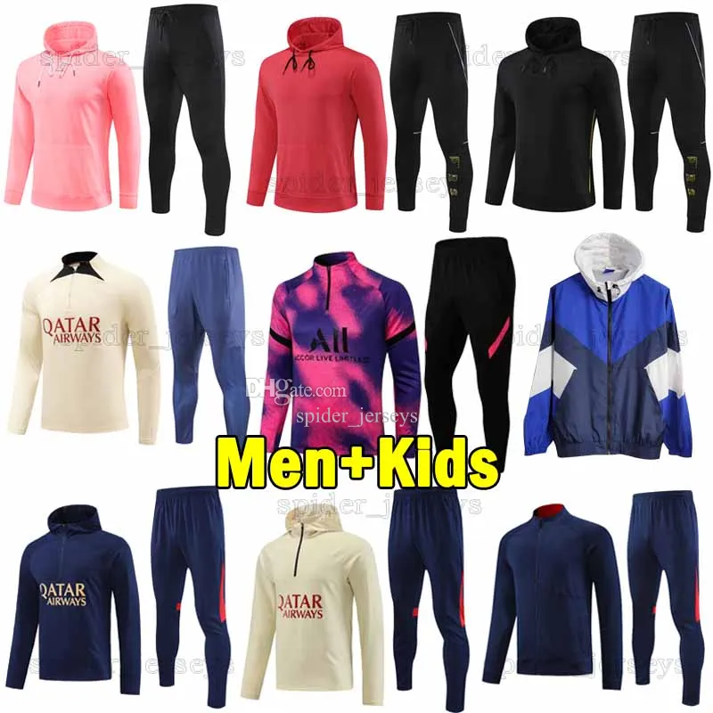 XXXL 21-22 psgES Soccer Sets 23 24 costume d'entraînement de football pour hommes avec un chapeau à capuche ensemble trench-coat kit d'acket Parises mbappe football à manches courtes hommes kits enfants survêtements 3XL