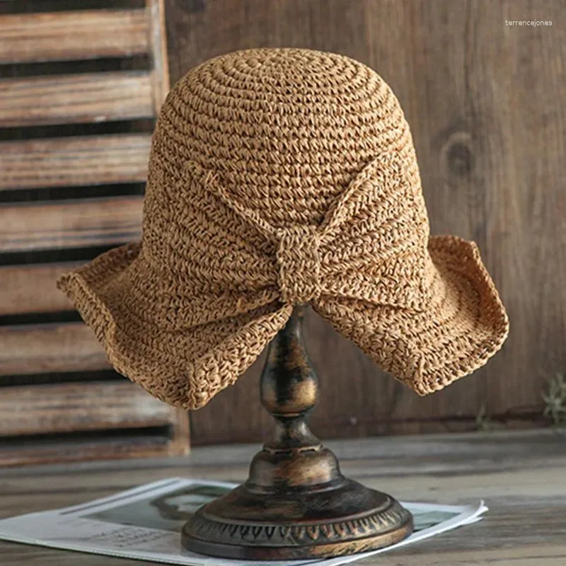 Japanese Style Wide Brim Straw Hats for Women Ruffled Edge Sun Hat with Artistic Bow Design