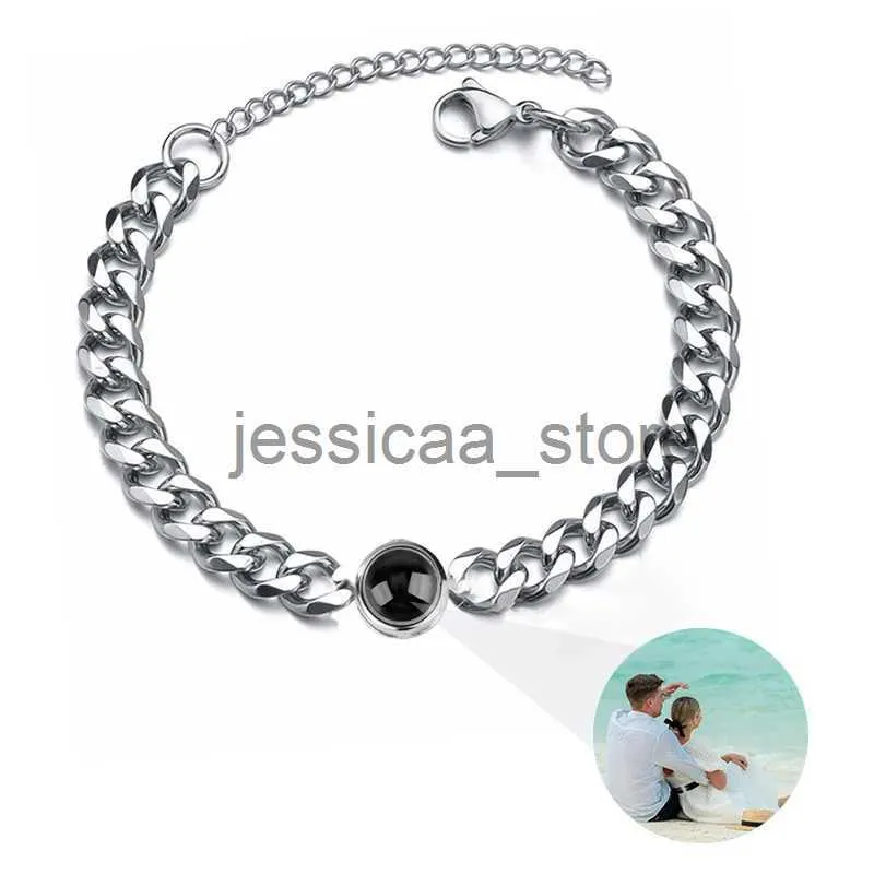 Charme Pulseiras Pulseira Personalizada com Imagem Dentro de Aço Titânio Cuban Link Chain Pulseira com Projeção de Foto Personalizada para Homens Mulheres J240119