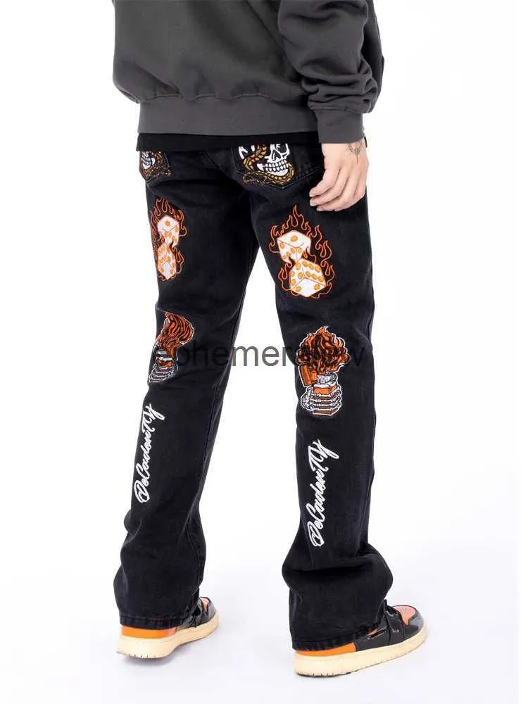 Herren Jeans Y2k Hiphop Totenkopf bestickte Jeans Hosen Männer und Frauen Trend Mode American Retro Punk Flared Baggy Pants Hosen Streetwearephemeralew