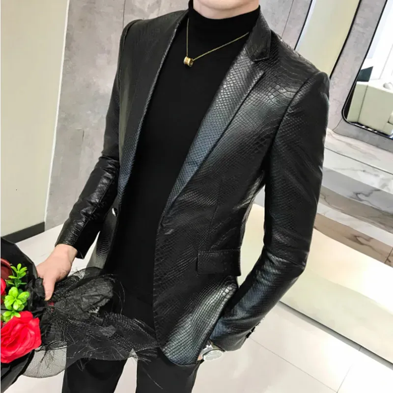 Men Suit Black Slim Fit Blazer Hombre PU Leather Jacket Male One Button Business Casual Prom Korean Suit Coat 240119