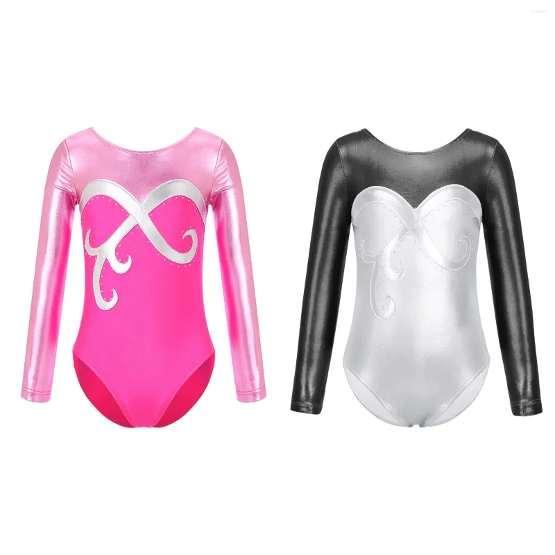 Stage Wear Girls Ballet Dance Gymnastics Leotards 2024 Kids Long Sleeve Round Neck Shiny Sports Workout Unitards Performance Costume