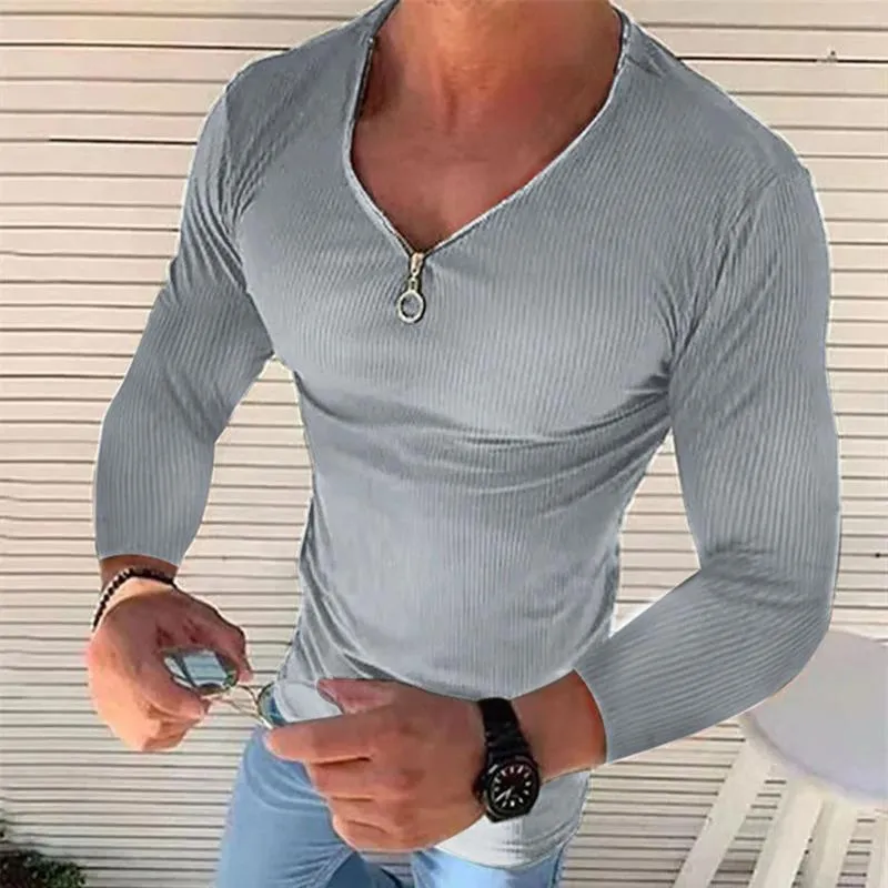 Мужские футболки, мужская сексуальная рубашка на молнии с v-образным вырезом, однотонная, с длинным рукавом, в рубчик, эластичная уличная одежда, весенняя облегающая футболка на молнии, верхняя одежда