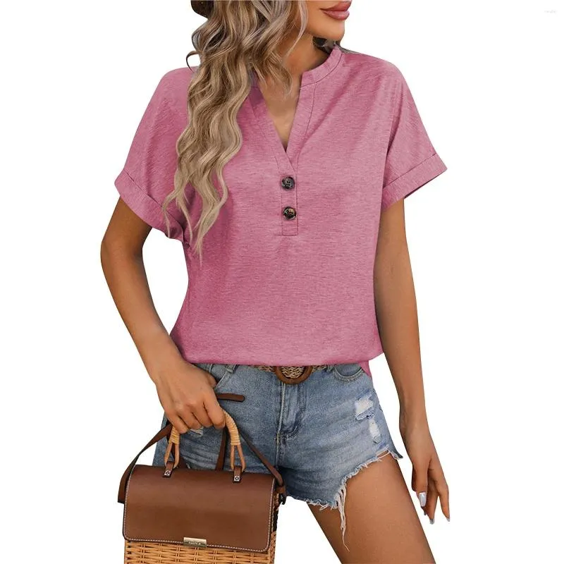 Women's T Shirts Fashion V-Neck Button T-Shirt Solid Colour Loose Short Sleeve Top Official Store Korean Reviews Many Clothes