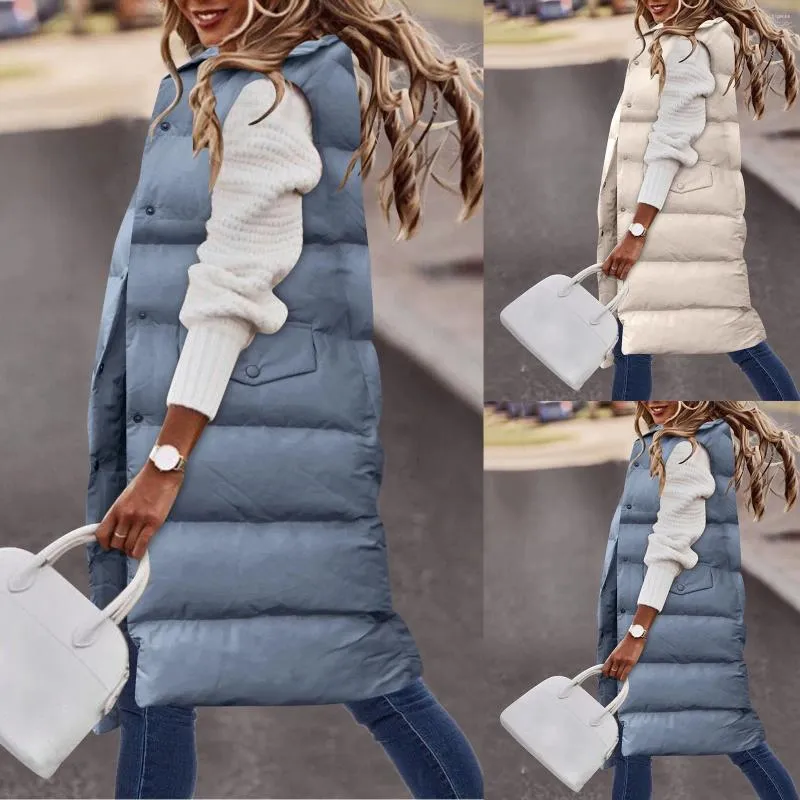 Gilets d'hiver sans manches pour femmes, doudoune longue rembourrée, couleur unie, à capuche, ample, mode décontractée, chaude, L6