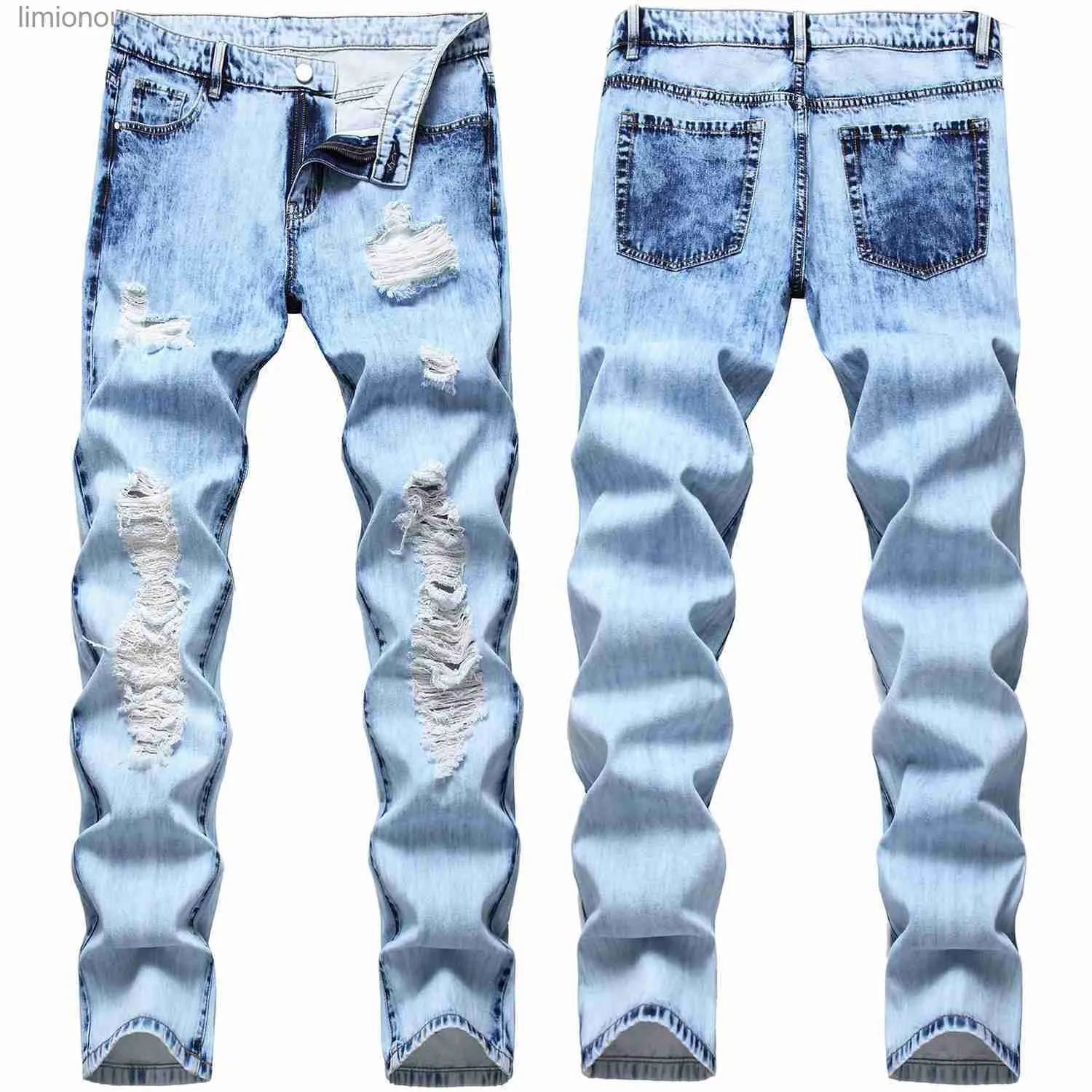 Calças de brim masculinas chegam novas calças de brim azuis de estiramento fino de alta qualidade buraco rasgado calças de moda de rua luz luxo elegante sexy jeans casuais; l240119