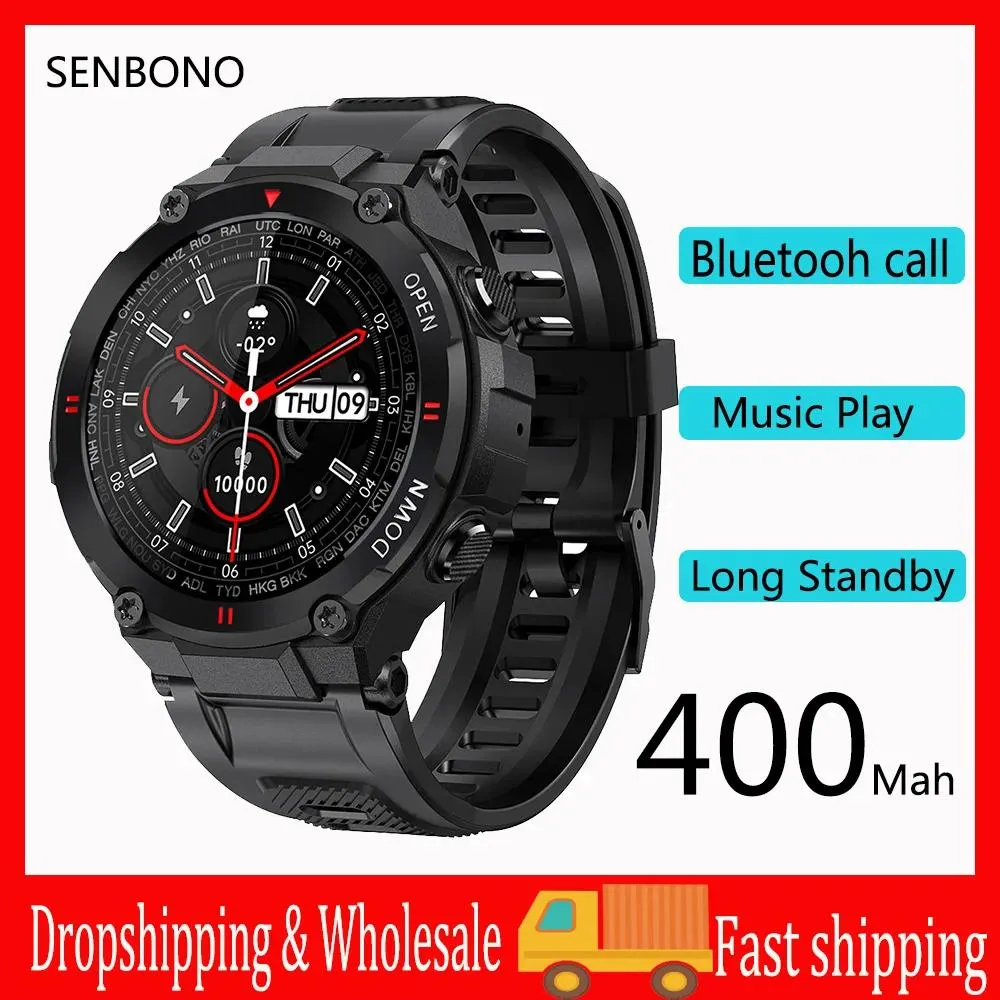 時計Senbono Smart Watch Men 400MAH Big Battery Music Play Fitness Tracker Bluetooth Call Sport SmartWatch 2022 Health Monitoring