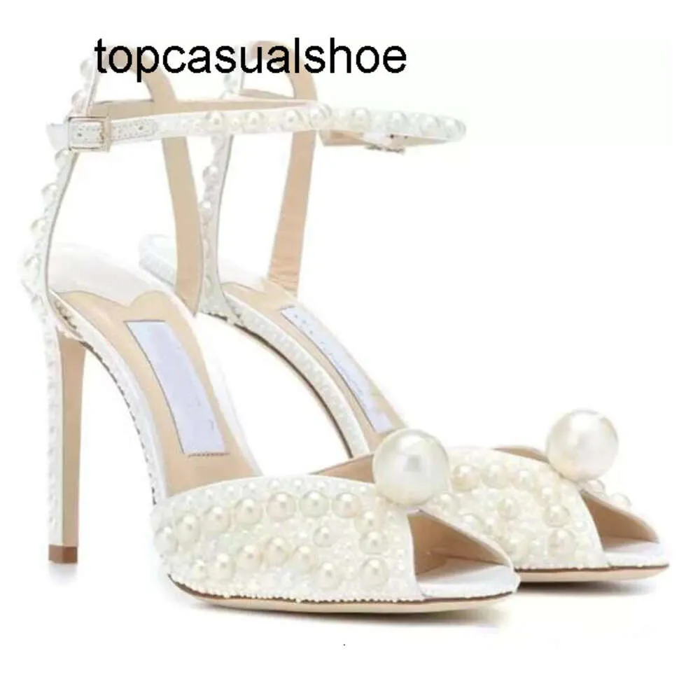 JC Jimmynessity Choo Sacora Bridal Elegant Warid Robe Shoes High Quality Lady Sandals Pearls Leather Marques de luxe High Heels Femmes Walking Robe Night With Bo