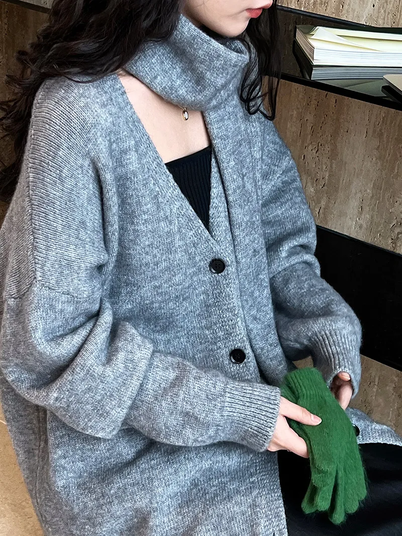 Entspannter und lässiger mittellanger Strick-Cardigan mit Schal, koreanischer Pullovermantel