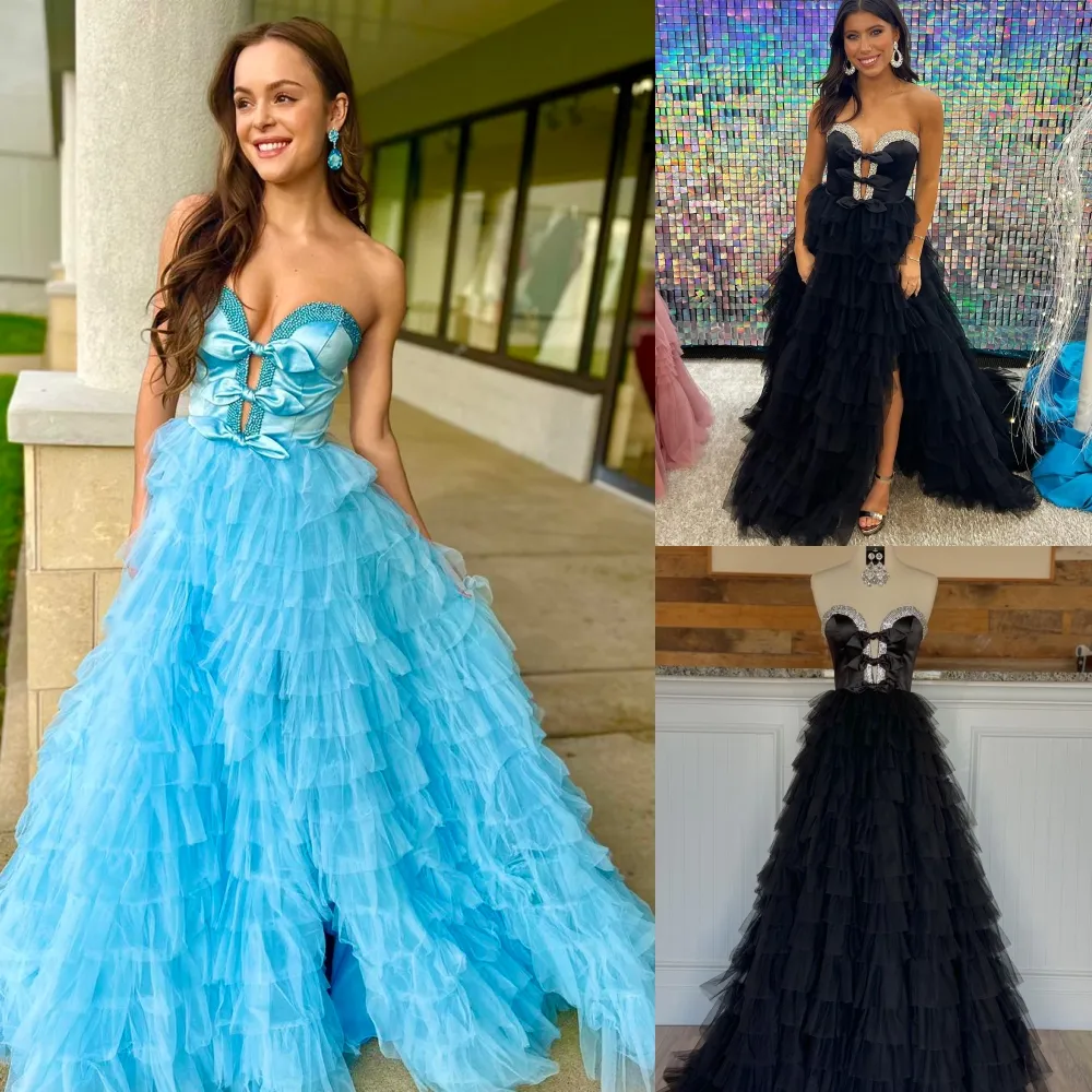 Robe de soirée à volants avec fente, robe longue élégante pour invités de mariage, événement formel d'hiver, soirée de bal, occasions spéciales, concours de beauté, bleu clair, noir