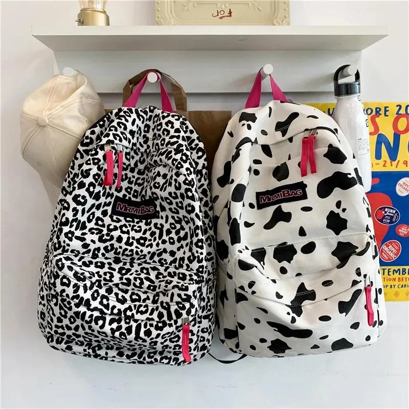 Borse 2021 Zaino sportivo con stampa mucca Borse da scuola unisex con stampa leopardata Ragazze adolescenti Borse alla moda classiche inglesi bianche Borsa per libri universitari