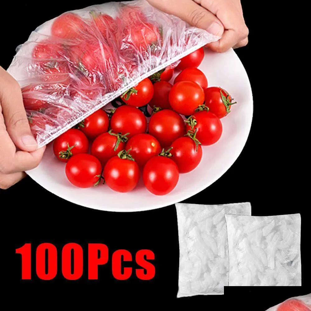フードセーバーストレージコンテナ100pcs使い捨てerフルーツ野菜冷蔵庫用プラスチック弾性ラップフレッシュキーキッチンオーガニDHF1E