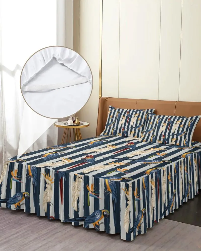 Yatak etek Parrot Kuş Paradise Mavi ve Gri Çizgiler Pilowcases ile yatak örtüsü yatağı kapak yatak seti sayfası