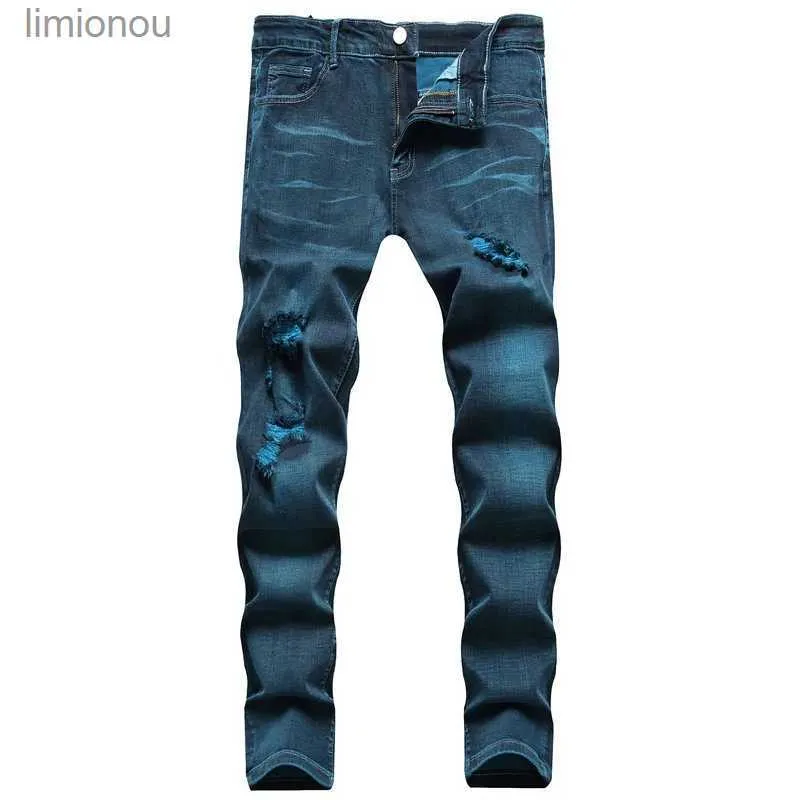 Men's Jeans High quality mens slim fit hole ripped denim pants light luxury street fashion blue green jeans scratches sexy casual jeans ;L240119