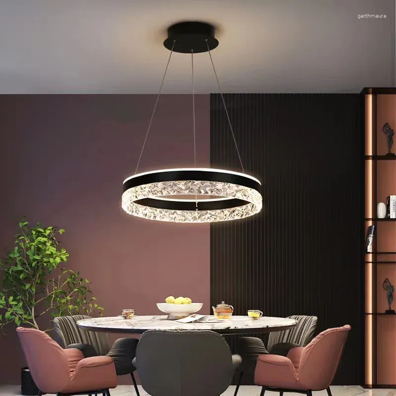 Lustres 2024 Moderne LED Pendentif Éclairage À La Maison Cristal Anneau Plafonnier Blanc/Or/Noir Chambre Restaurant