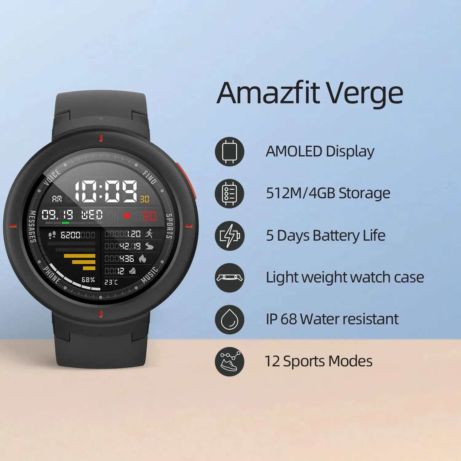 Titta på nya Amazfit Verge Sport Smartwatch GPS Bluetooth Microphone Högtalar Pedometer Message Push Push Pina Hjärtfrekvens för Android iOS -telefon