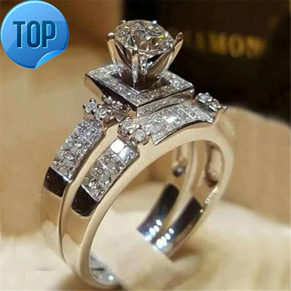 Свадебный комплект, элегантные кольца для женщин, серебристый цвет, свадебные и помолвочные модные украшения с полным блестящим цирконием, женское кольцо