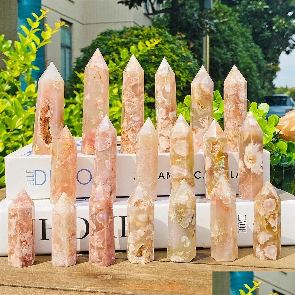 Kunst en Ambacht Geschenken Huis Tuin Natuurlijke kersenbloesem Agaat Punt Wand Toren Obelisk Genezing Kristal Decoratie Mineralen Drop Deli Dhpoi
