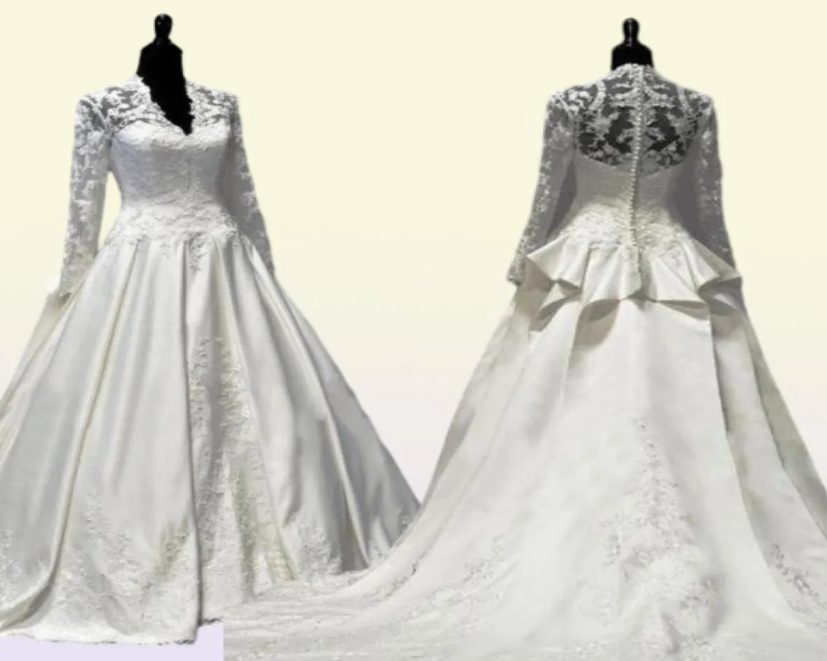 2021 Vintage Kate Middleton maniche lunghe autunno abiti da sposa ALine scollo a V avorio taffettà applicazioni peplo abiti da sposa abiti D3194826