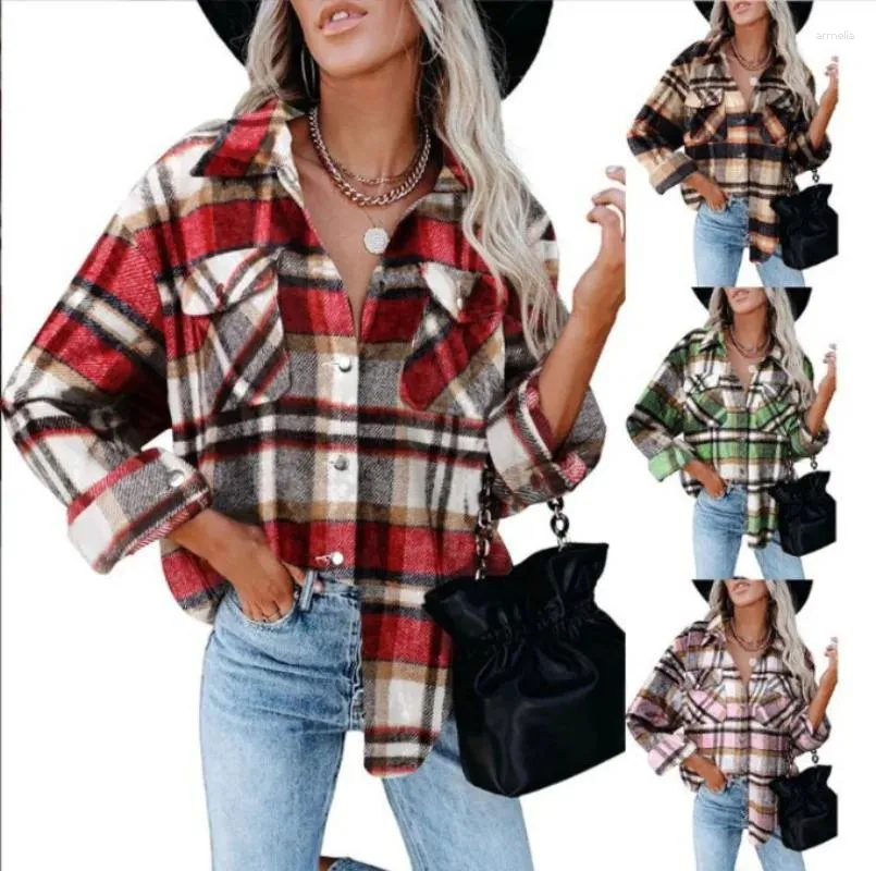 Женские блузки, шерстяные клетчатые рубашки для женщин, весна-осень, модное повседневное пальто, топы, Blusa Mujer Moda 2024, теплая утепленная женская одежда