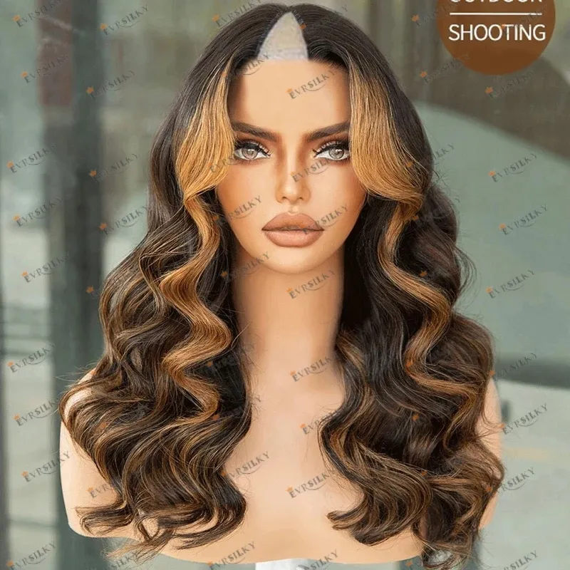 Gyllenbrun höjdpunkt blondt mänskligt hår 1x4 U -formade peruker för svarta kvinnor Glueless 200Density Body Wave Middle V Part Wigs