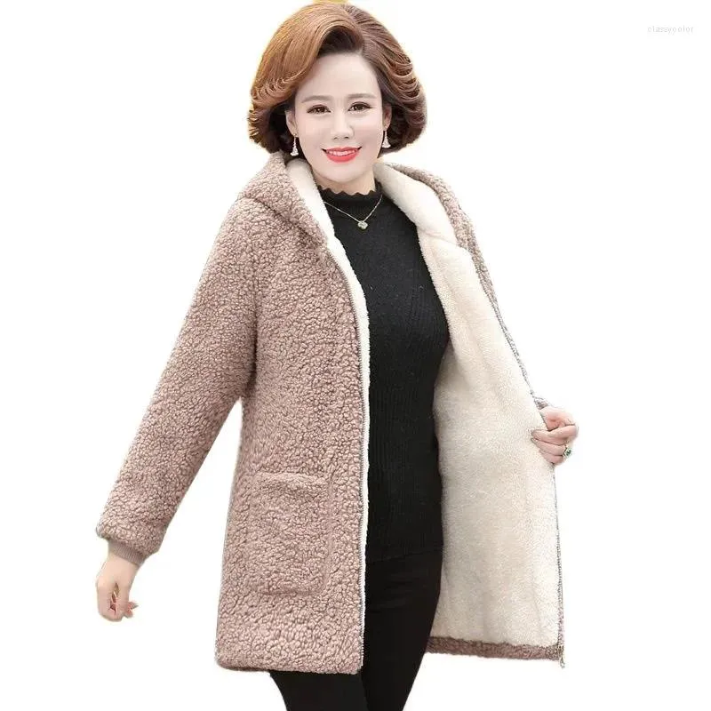 Women's Trench Coats 6XL Middle-aged Elderly Lamb Wool Coat 2024 Winter Plus Velvet Cotton Jacket Loose Mid-length Female Hooded Overcoat