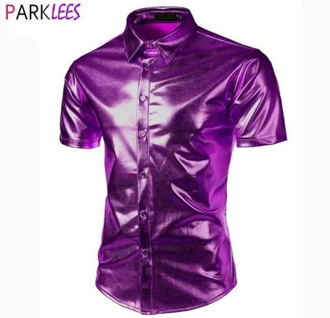 Фиолетовая металлическая блестящая рубашка Мужская брендовая одежда для ночного клуба Мужские сценические рубашки Сорочка Хэллоуин Рождественская вечеринка Костюм для выпускного вечера 2105225395396