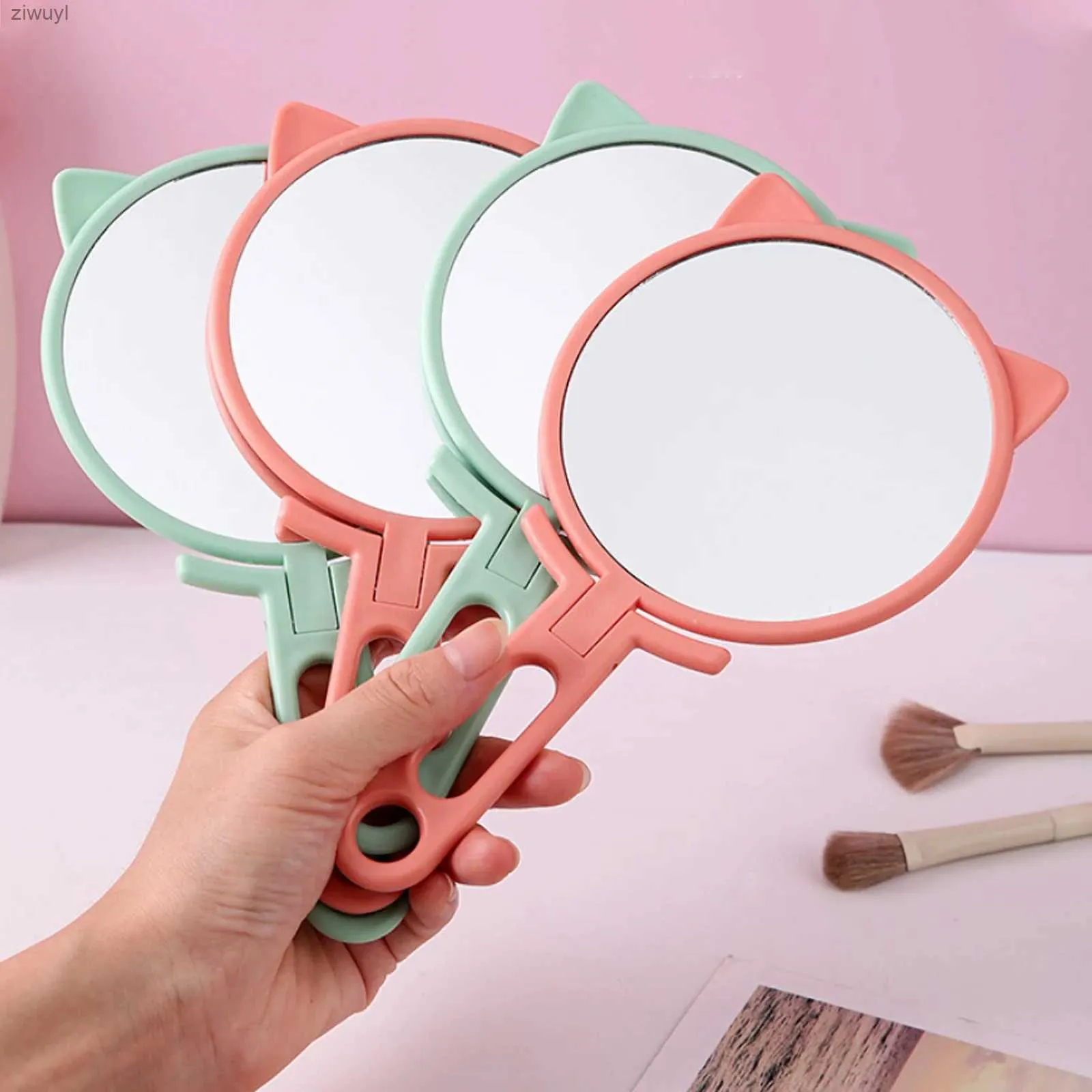 2PCS Mirrors Cute Cat w kształcie ręcznego kota lustro makijażowe przenośne obręczne kosmetyczne małe lustro uchwyt makijażu makijażu narzędzia do makijażu dla kobiet prezent