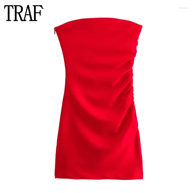 Casual Dresses Red Pleated Mini Dress Women Off Shoulder Corset Woman Sleeveless Bodycon Female Sexy Backless Prom