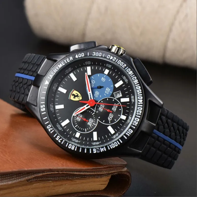 Men Mens WristWatches for Watches Six stitches All dial work Quartz Watch Ferrar Top Luxury Brand Chronograph clock Rubber Belt fashion F1 racing car