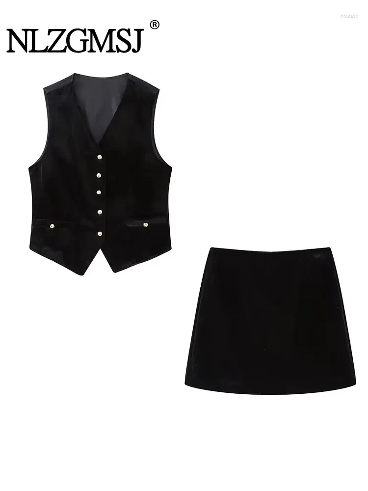 Work Dresses Nlzgmsj 2024 Y2K Black Women Velvet Waistcoat Mini Skirt Suits Autumn Sleeveless Patchwork Slim Vest Female Crop Top Sets