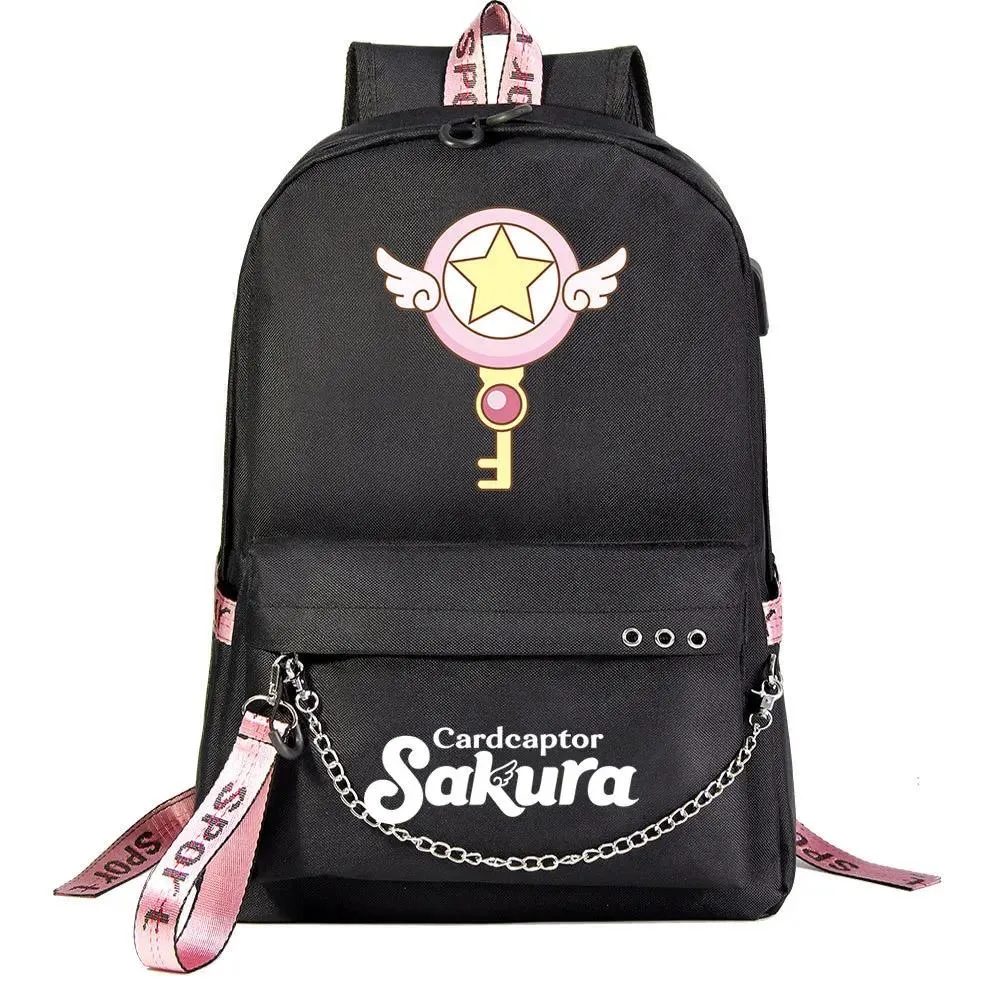 Borse Anime Sakura Girl Card Captor Zaino USB Borse per libri scolastici Ventole Borse da viaggio Catena per laptop Cuffie