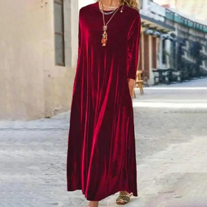 Casual Dresses Fall Spring Women Dress Round Neck Loose Solid Color Long Sleeve Pullover Soft Warm Ankel Längd Maxi