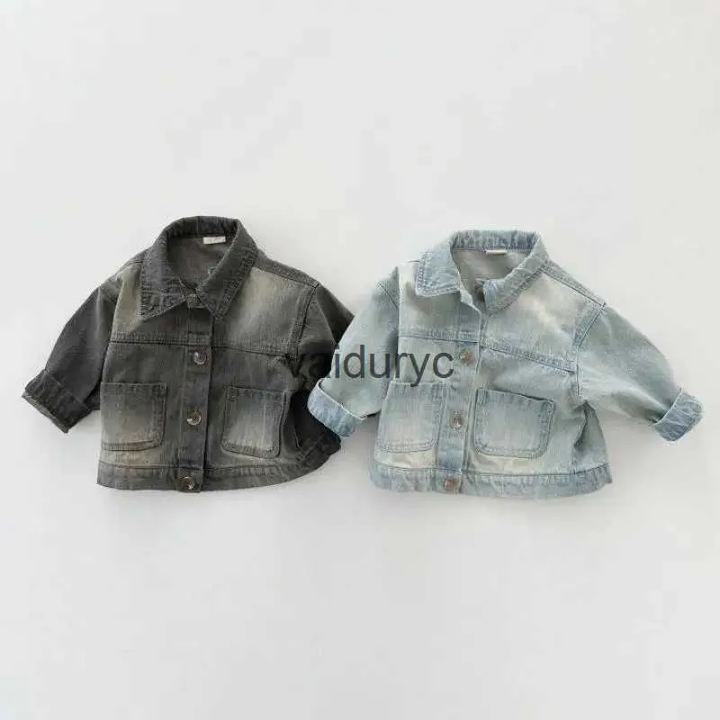 Jackets 2023 Autumn New Girls Denim Jacket ldren Long Sleeve Lapel Coat Solid Baby Single Breasted Tops Kids Boys Outerwear Clothes H240508