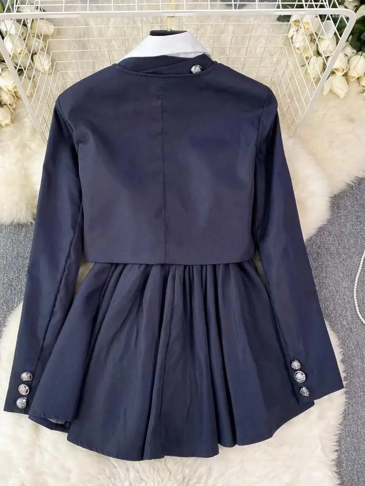 Work Dresses Black Preppy Style 3 Piece Set Women Autumn Blue Long Sleeve Blazers Coat White Shirt Tops And Pleated Mini Vest Dress Suit Y2k