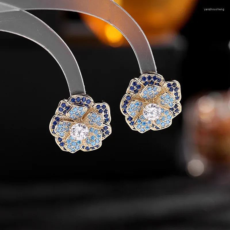 Stud Earrings SUYU Summer With Blue Cubic Zirconia And Multi Layered 3D Flower