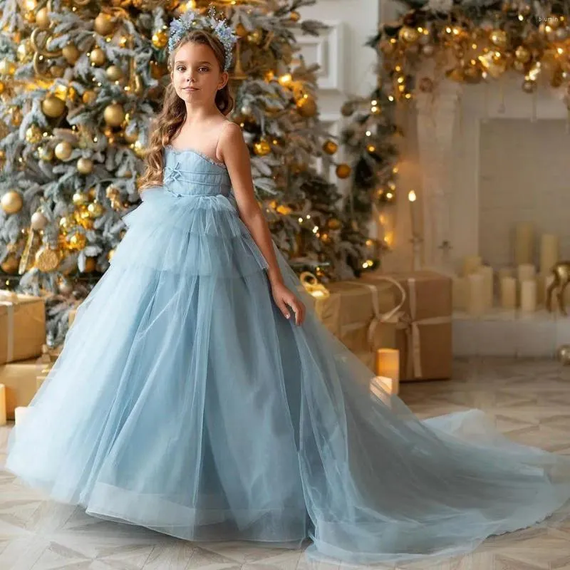 Girl Dresses Blue Tulle Flower For Wedding With Bow Long Train Children First Communion Princess Party Dress Ball Gown