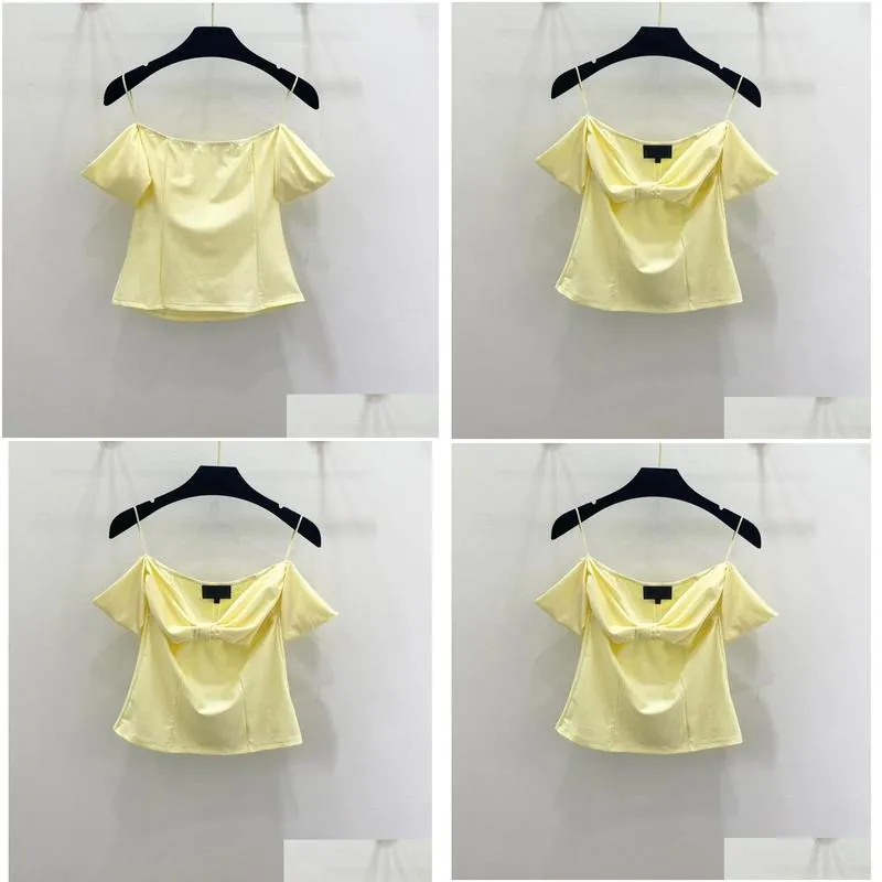 women`s t shirts spring and summer bow line shoulder small top. black/yellow color in