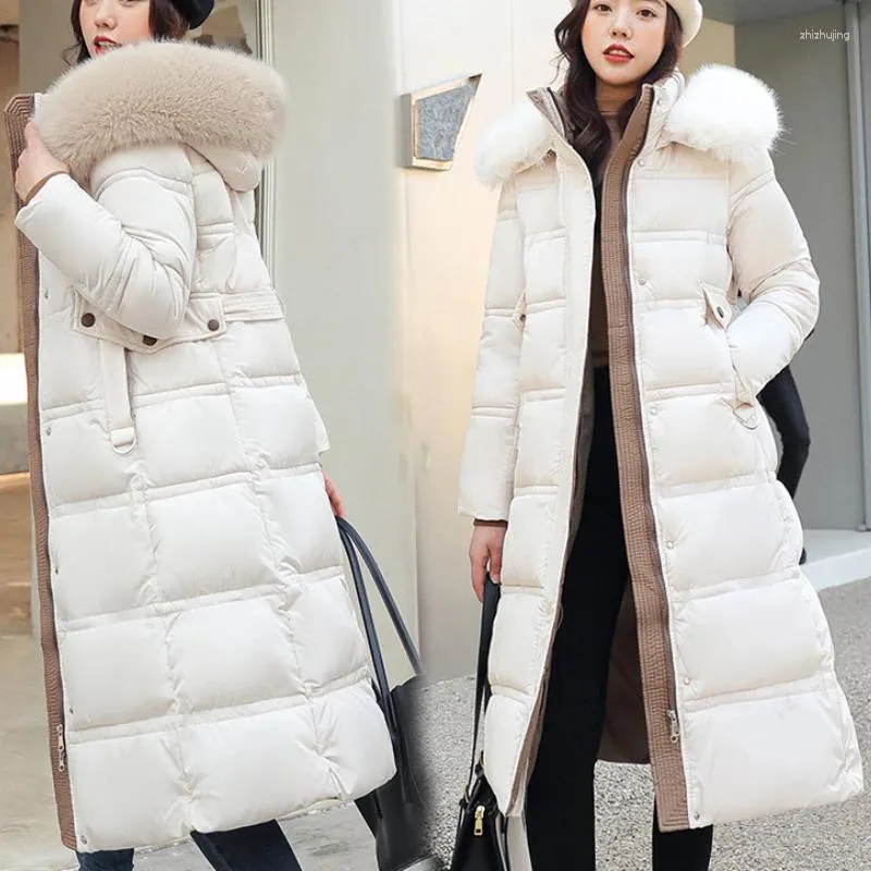 Kvinnors dike rockar Long Parker Coat Jacket 2024 Kvinnor Autumn Winter Thick Warm Woven Block Trend Hooded White Black Korean Parkas
