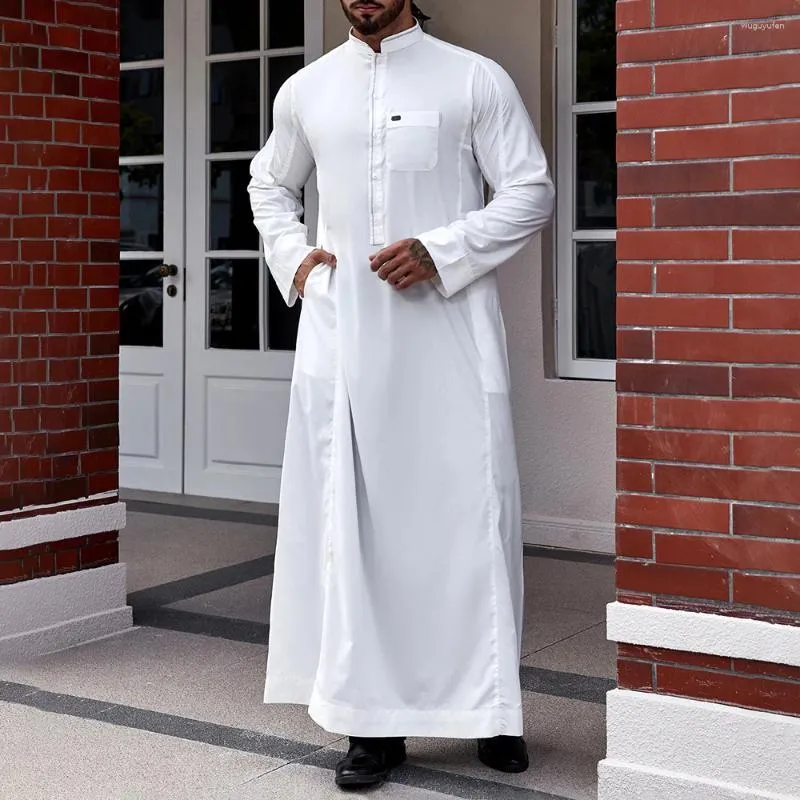 Abbigliamento etnico, abito musulmano a maniche lunghe senza genere, tinta unita, colletto alla coreana allentato, bottoni stile islamico mediorientale unisex