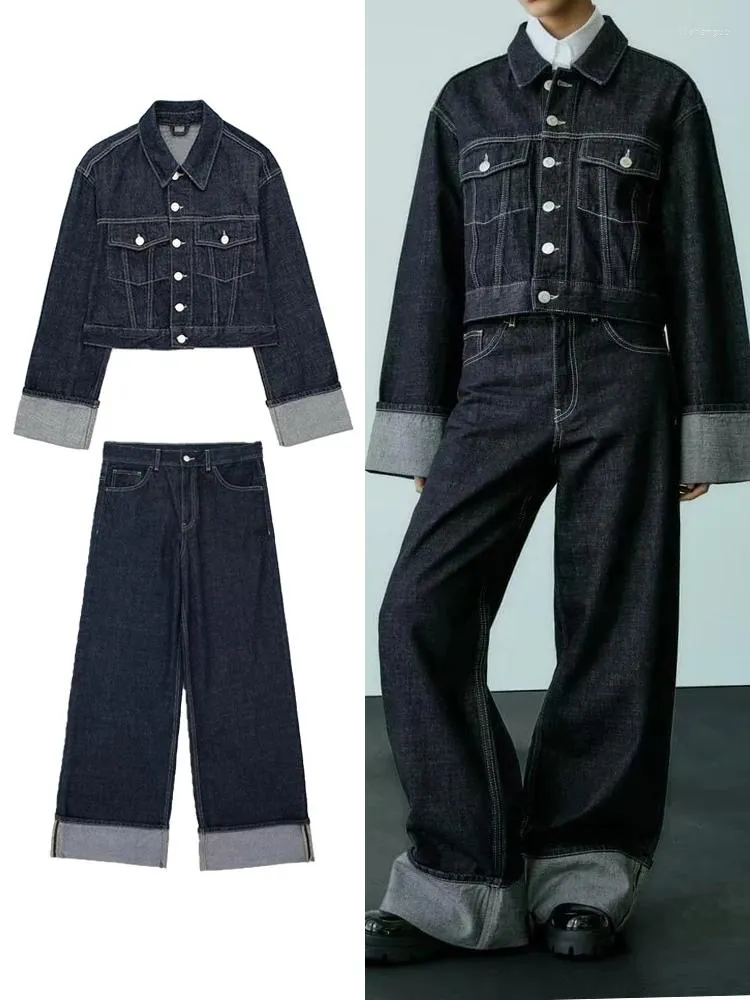 Calças femininas de duas peças moda denim jaquetas conjuntos para mulheres vintage feminino mangas compridas botões de metal casacos zíper perna larga calça