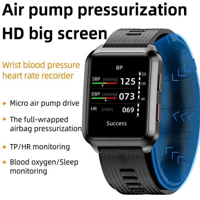 Часы P60 Smartwatch Воздушный насос Подушка безопасности Истинное кровяное давление Температура кислорода Монитор сердечного ритма Медицинский сфигмоманометр Смарт-часы