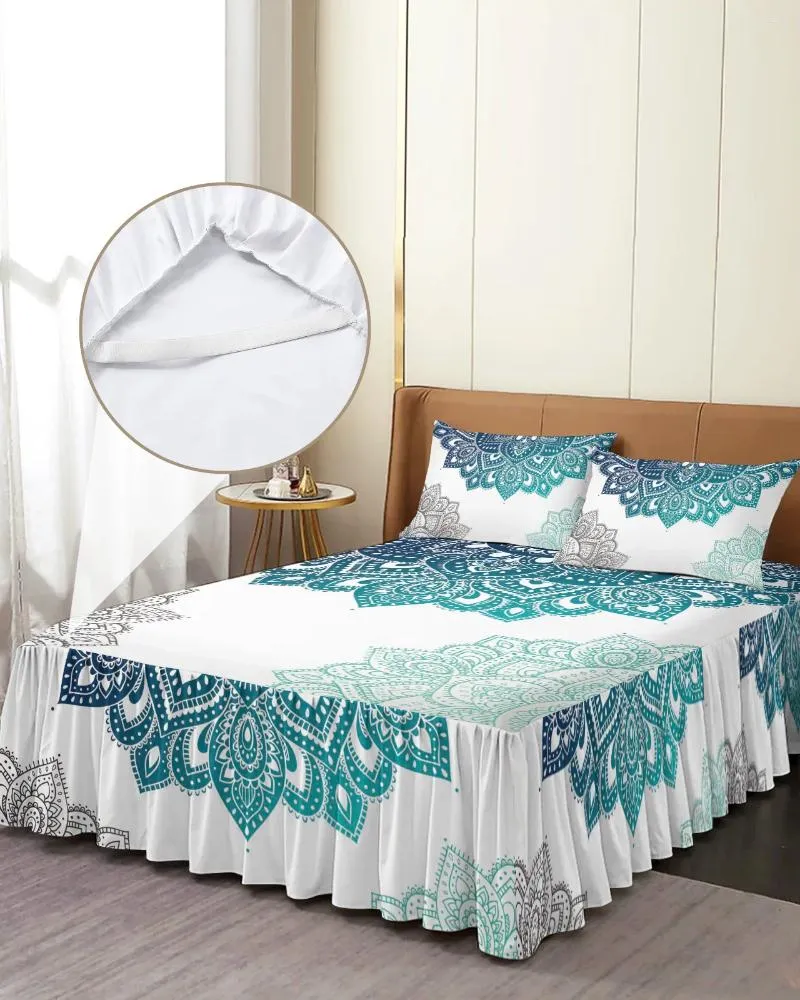 Saia de cama mandala gradiente flor boêmia elástica colcha com fronhas capa de colchão conjunto de cama lençol