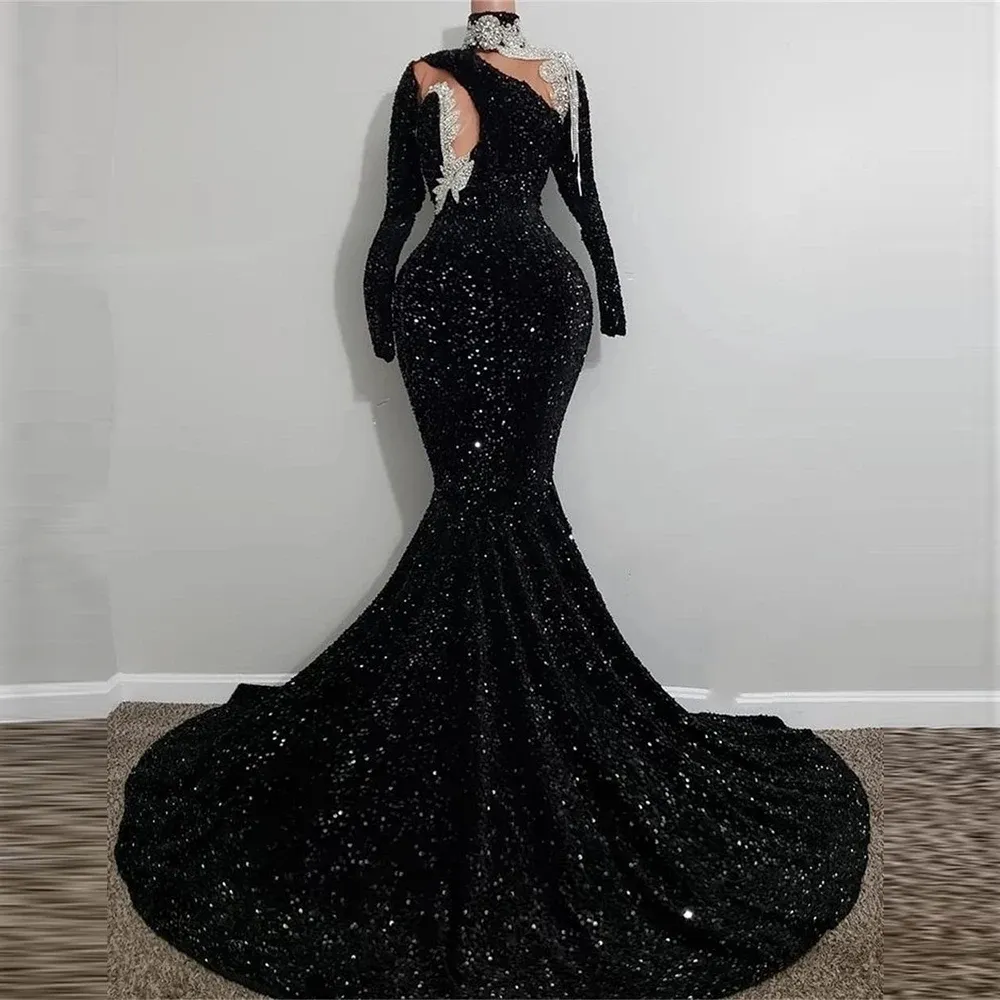 Sparkly preto lantejoulas sereia vestidos de baile do vintage manga longa ver através de cristal frisado alta pescoço vestidos de noite de fiesta